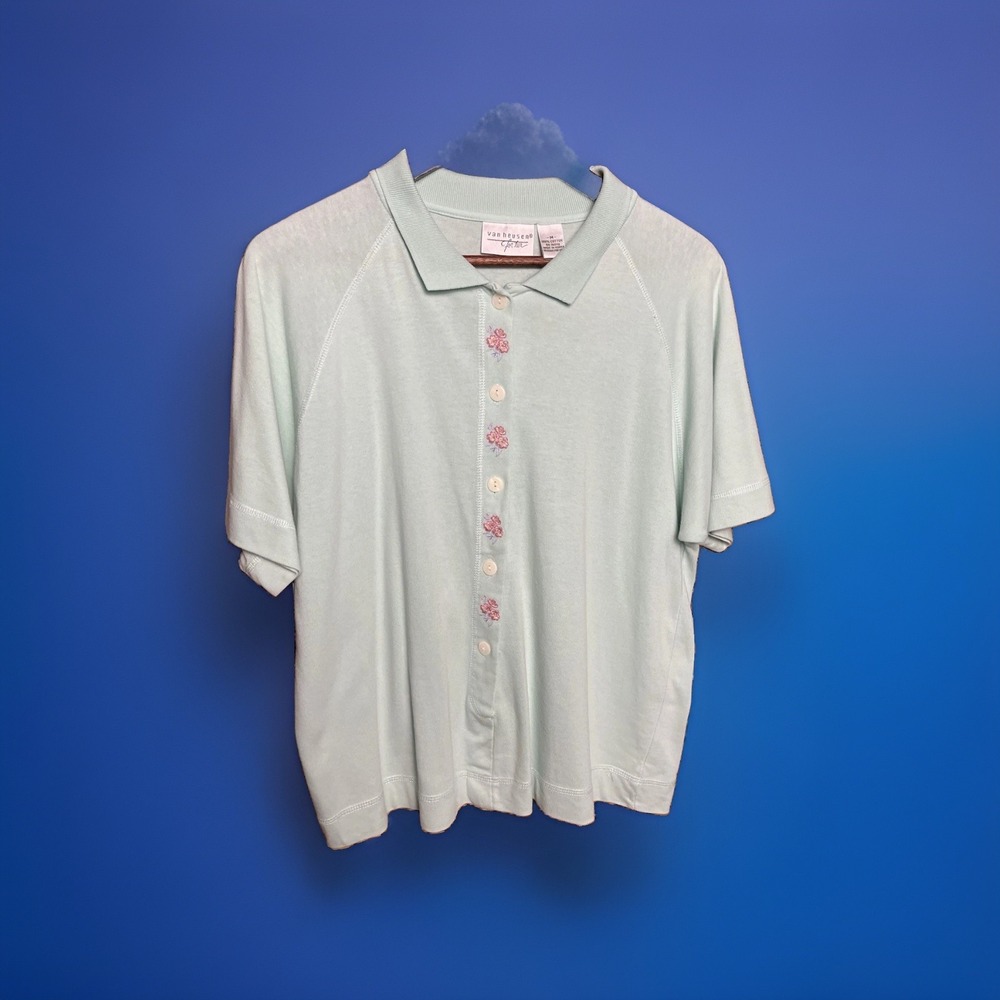 Vintage 90s Van Heusen for Her Mint Green Embroidered Floral Polo Shirt Womens M
